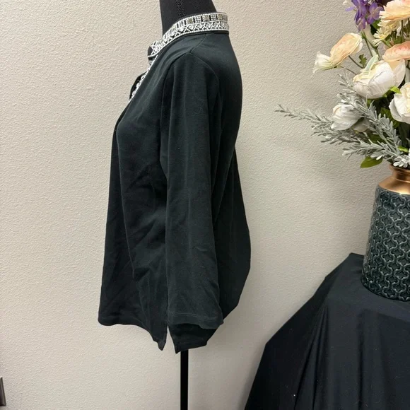 Rafaella Black Beaded Split Neck Tunic Top L Embellished 3/4 Sleeve Blouse - Picture 3 of 7